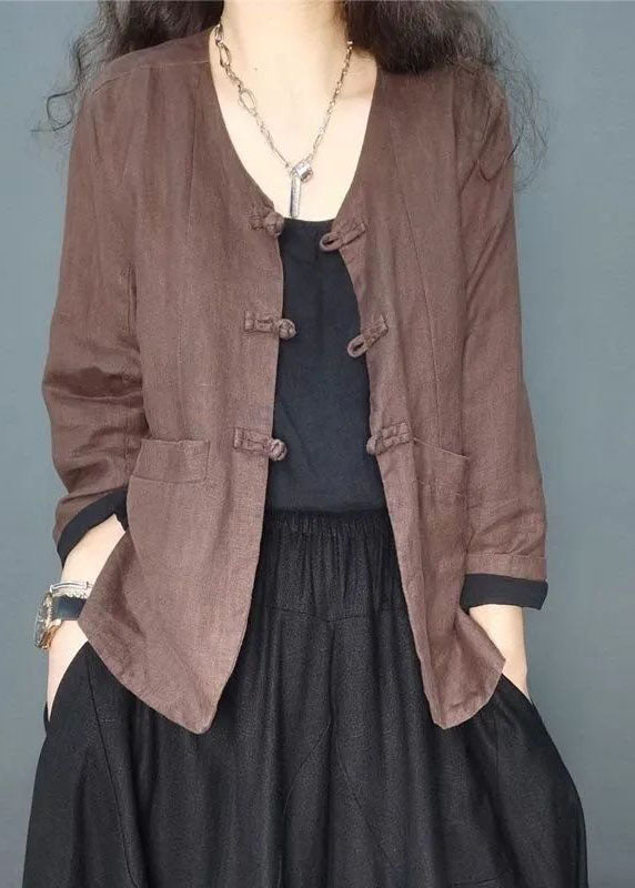 Rose Oriental Button Pockets Linen Coats Spring