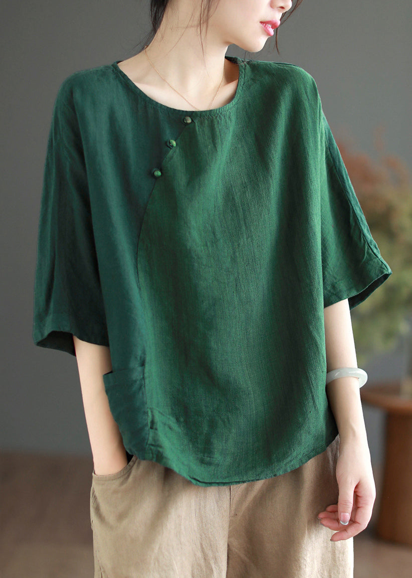 Brief Green O-neck Patchwork Button T Shirt Half Sleeve