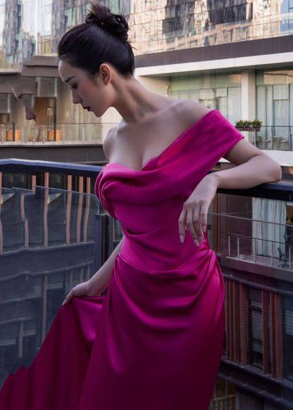 Rose Bustier Top Side Open Silk Maxi Dresses Short Sleeve Summer