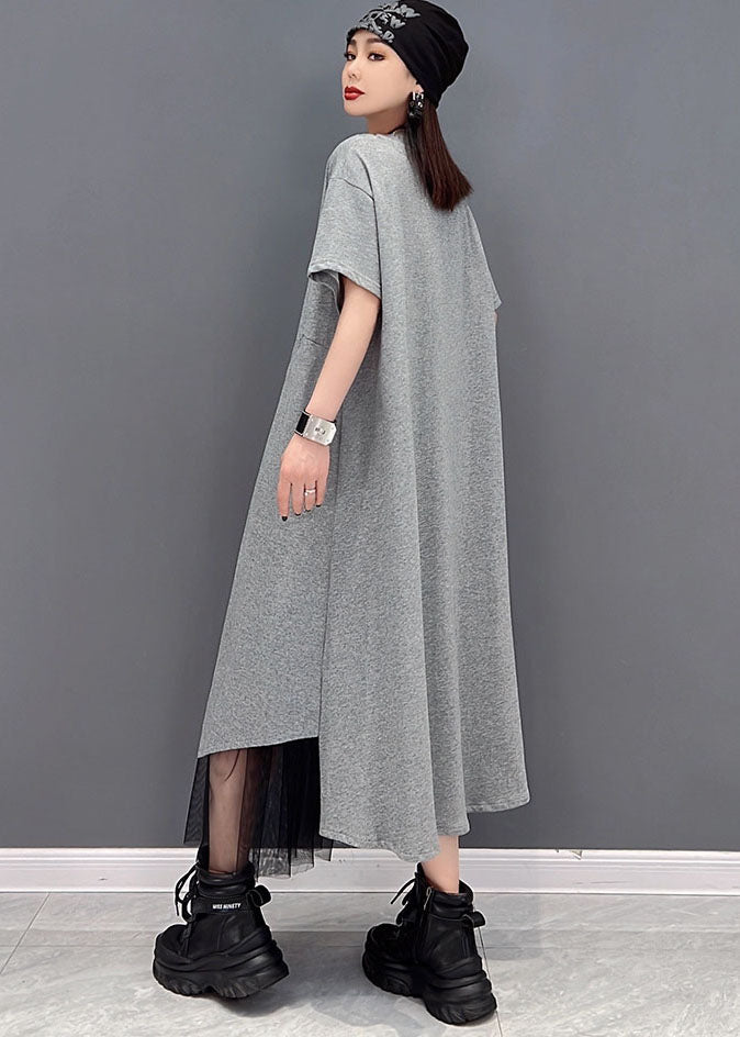 Handmade Grey O-neck Tulle Patchwork Cotton Dresses Short Sleeve