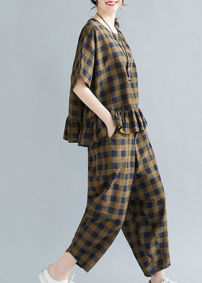 Loose Army Green O-neck Ruffles Plaid Two Pieces Set Short Sleeve