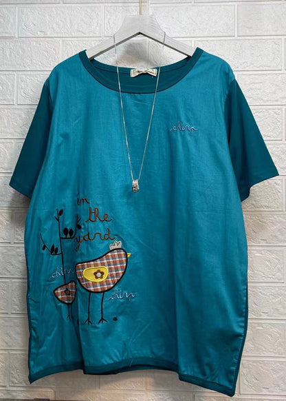 Army Green O Neck Embroideried Patchwork Cotton T Shirt Summer