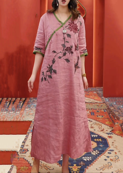 New Pink V Neck Print Side Open Cotton Dress Half Sleeve Summer