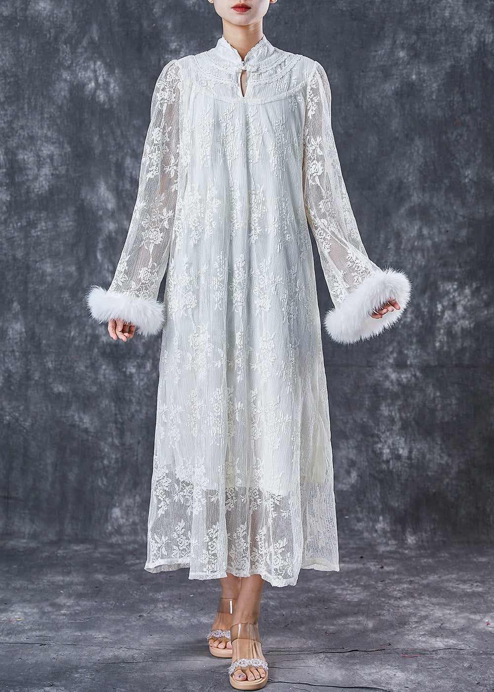 White Embroidered Patchwork Mink Hair Lace Dresses Spring