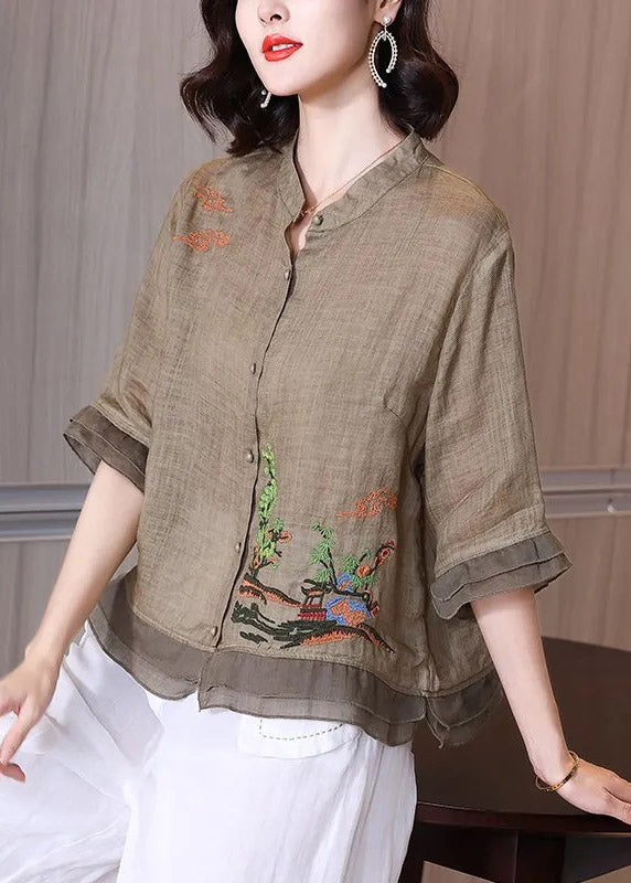 Pink Stand Collar Embroideried Button Linen Shirt Half Sleeve