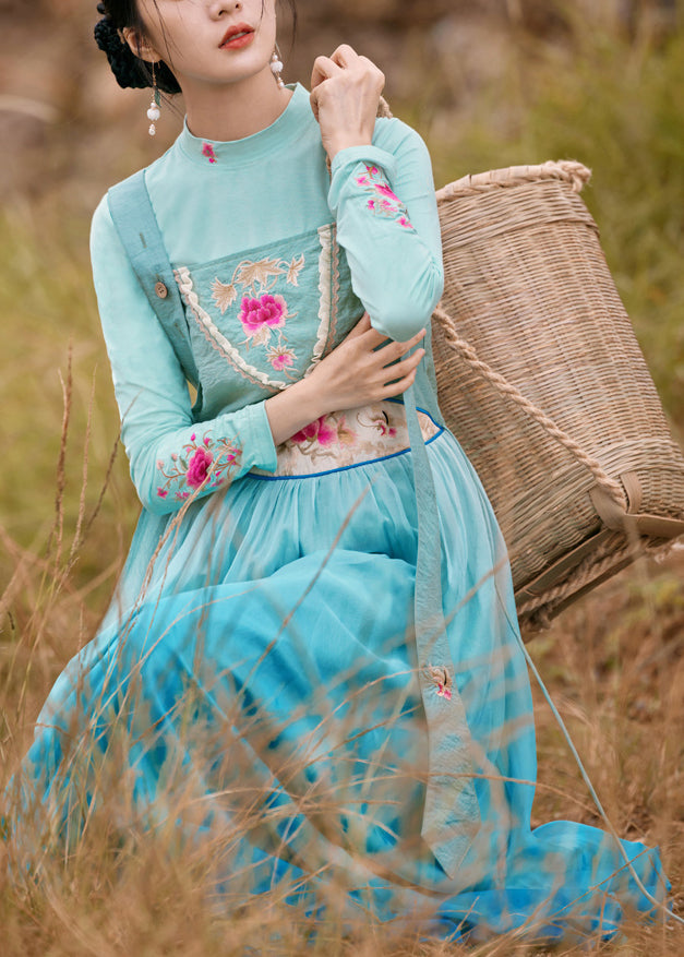 Vogue Blue Slash Neck Embroideried Gradient Color Button Silk Maxi Dress Sleeveless