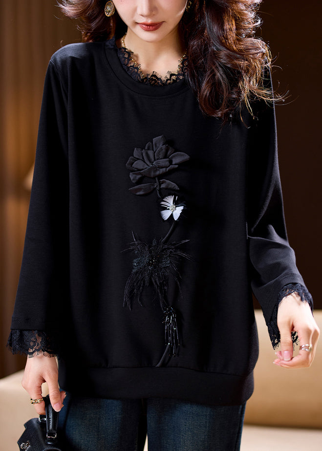 Loose Black O-neck Lace Patchwork Cotton T Shirt Spring