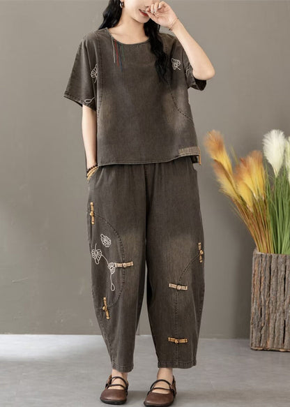 Black Embroidered Elastic Waist Denim Two Pieces Set Summer