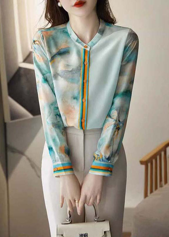 Blue Print Button Silk Blouses Spring