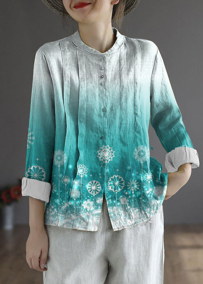 White Flower Button Fall Top Long Sleeve Linen