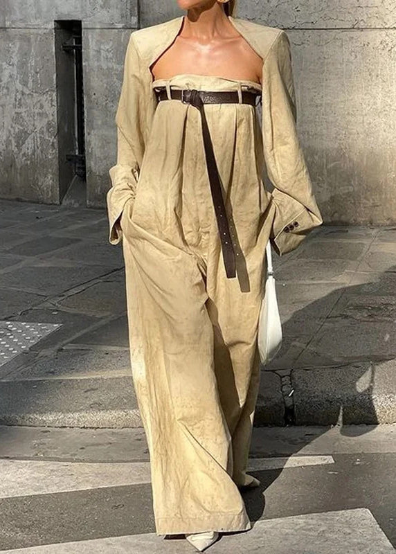 Camel Patchwork Sashes Jumpsuits Flare Sleeve