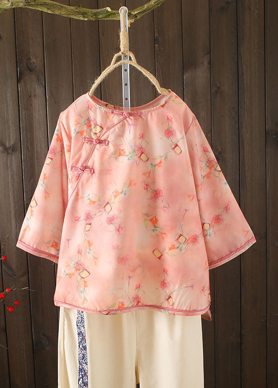 Pink Asymmetrical Print Cotton Linen Blouse Tops Bracelet Sleeve