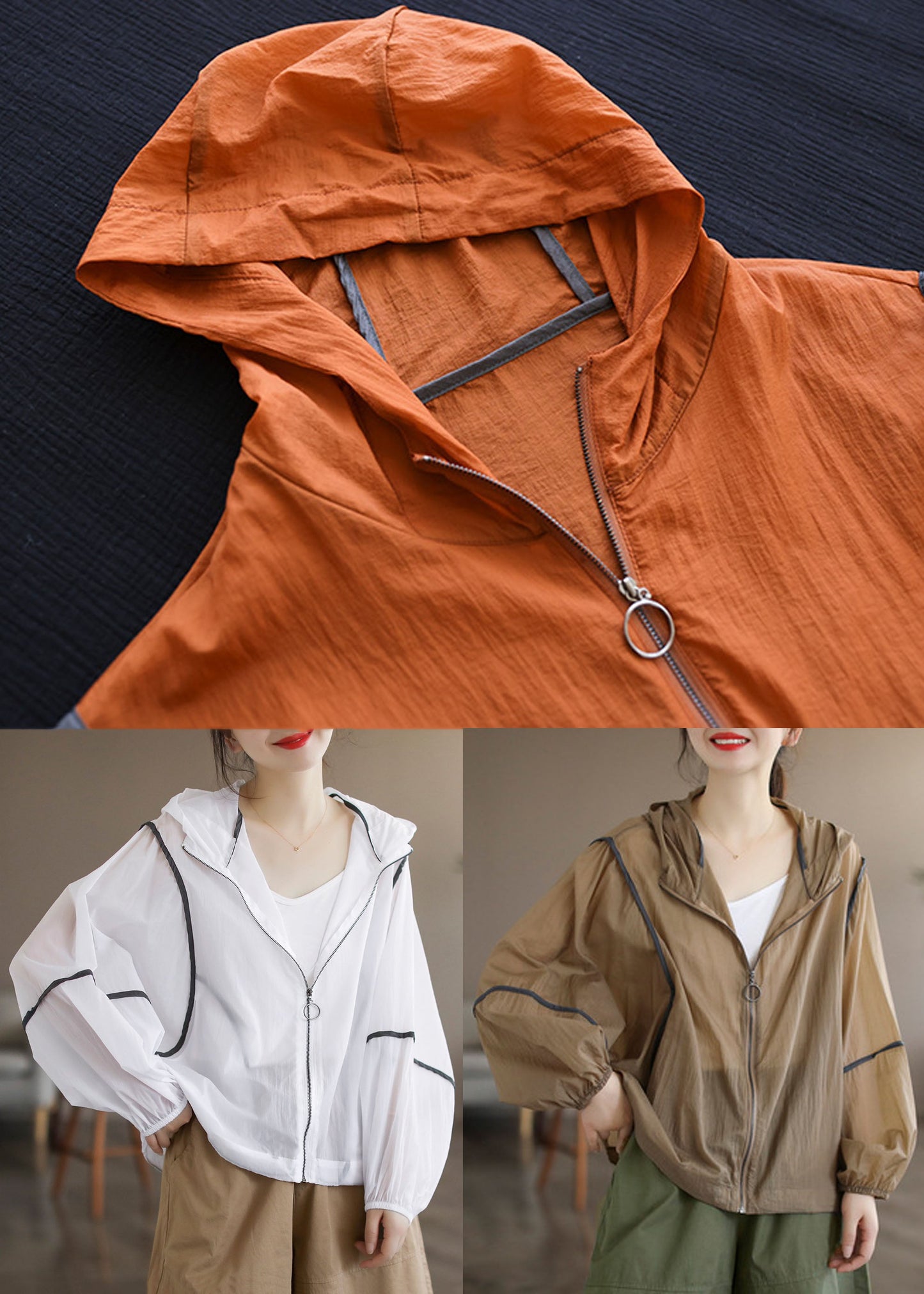 Orange Hooded Patchwork Cotton Coat Long Sleeve