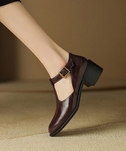 Black Cowhide Leather Splicing Chunky Shoes Hollow Out
