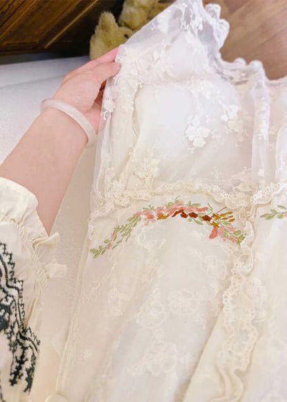 Beige Embroidered Elastic Waist Patchwork Tulle Skirt Spring