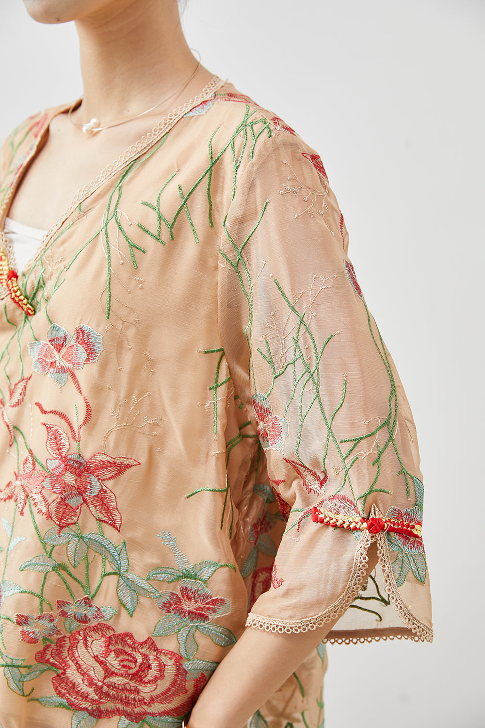 Khaki Embroidered Chinese Button Silk Two Pieces Set Summer