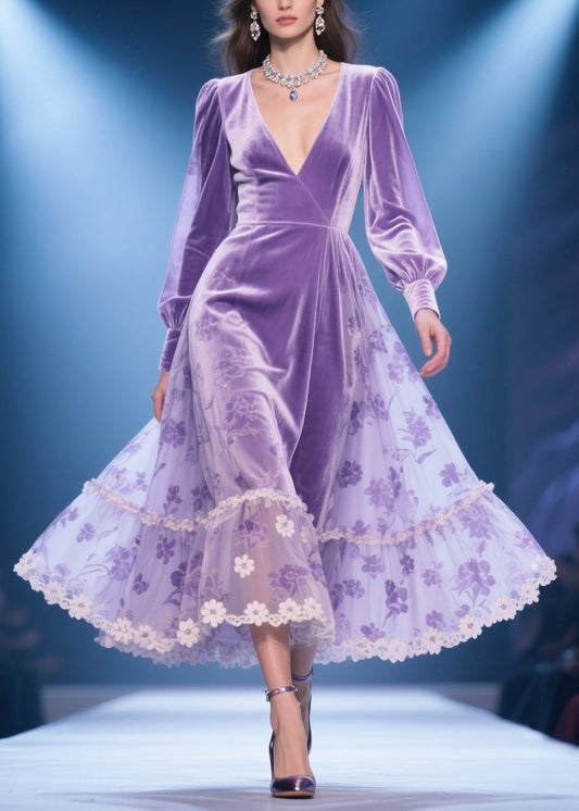 Purple Silk Velvet Lace Print High Waist Party Dress V Neck Spring