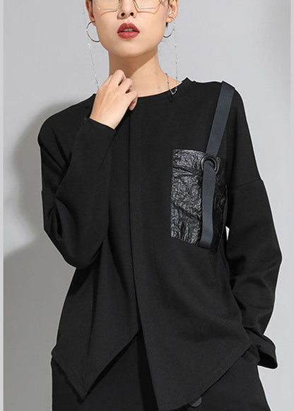 French Black O-neck Pockets Asymmetrical Fall Long Sleeve Tops