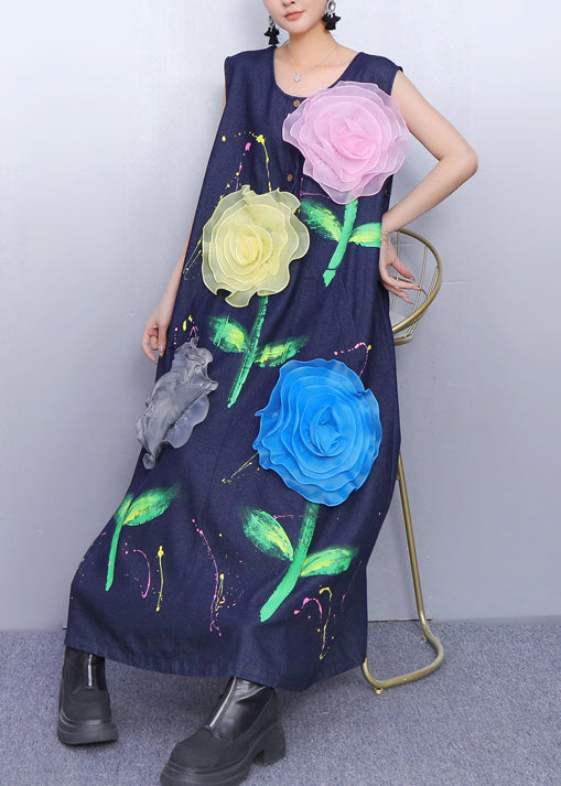 Fitted Navy Painting Multicolored Denim a Line Dress Sleeveless