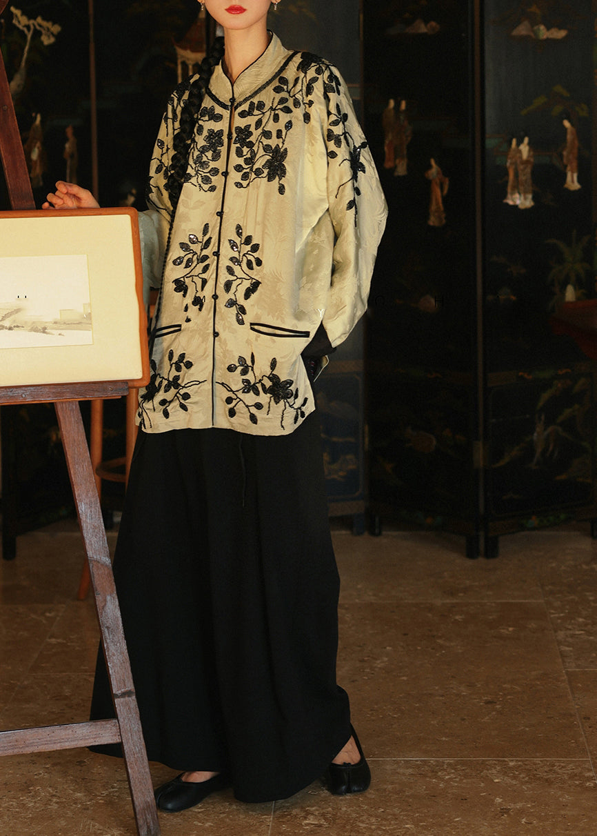 Original Stand Collar Embroideried Silk Two Piece Suit Set Fall