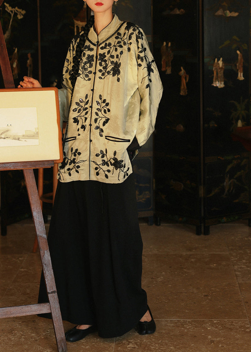 Original Stand Collar Embroideried Silk Two Piece Suit Set Fall