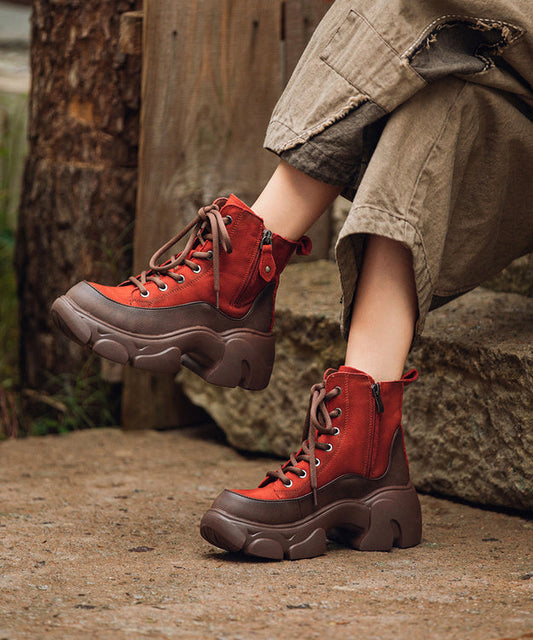 Lace Up Splicing Platform Boots Red Cowhide Leather