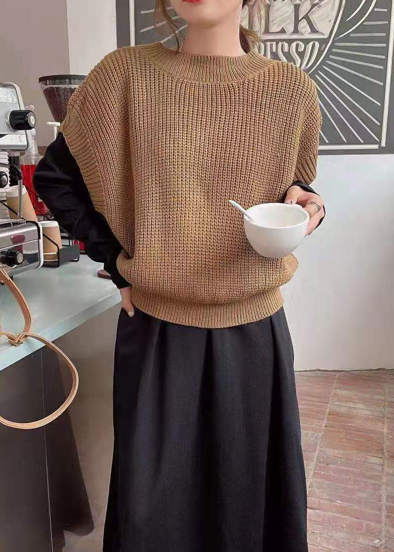 Classy Khaki Knit Vest and O-neck Long Dresses Cotton Two Piece Set Spring
