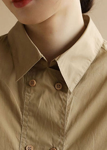Khaki Peter Pan Collar Drawstring Double Breast Cotton Dresses Short Sleeve