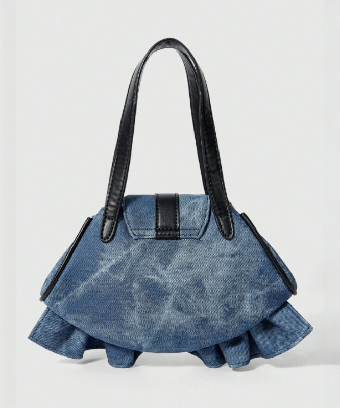 Blue Ruffles Patchwork Denim Nail Bead Shoulder Bags