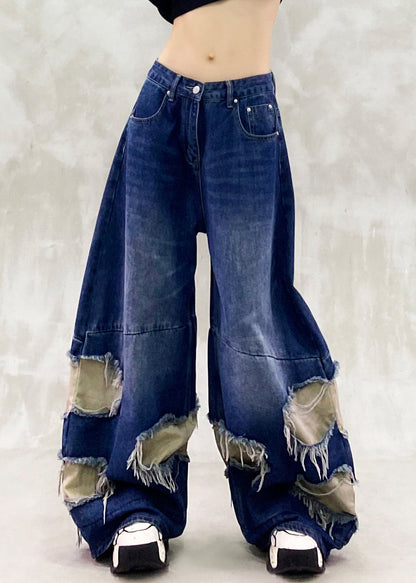Blue Ripped Patchwork Denim Wide Leg Pants Spring