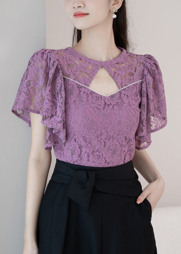 New Purple O-neck Hollow Out Lace Shirt Summer