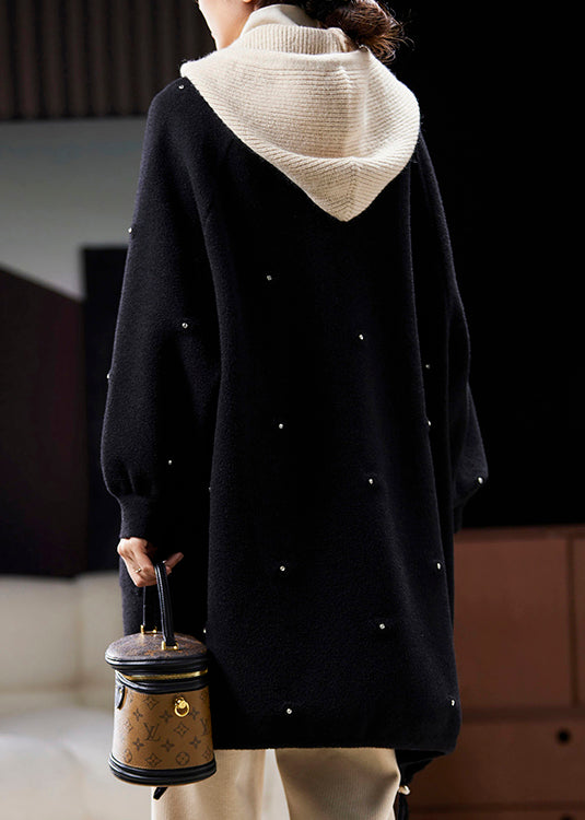 Black Hooded Zircon Patchwork Woolen Coats Spring