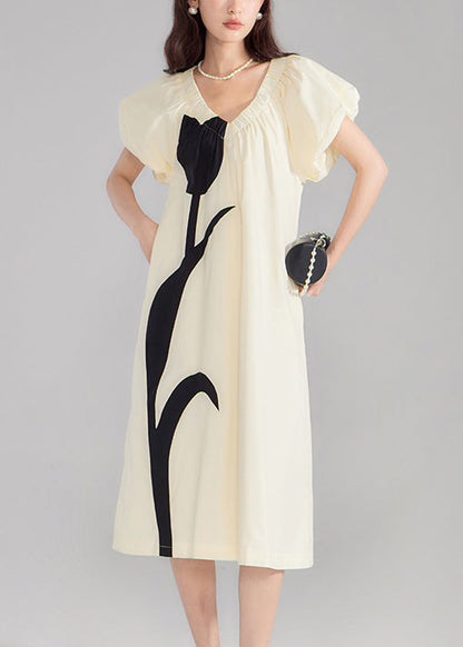 New Beige V Neck Print Cotton Dresses Summer