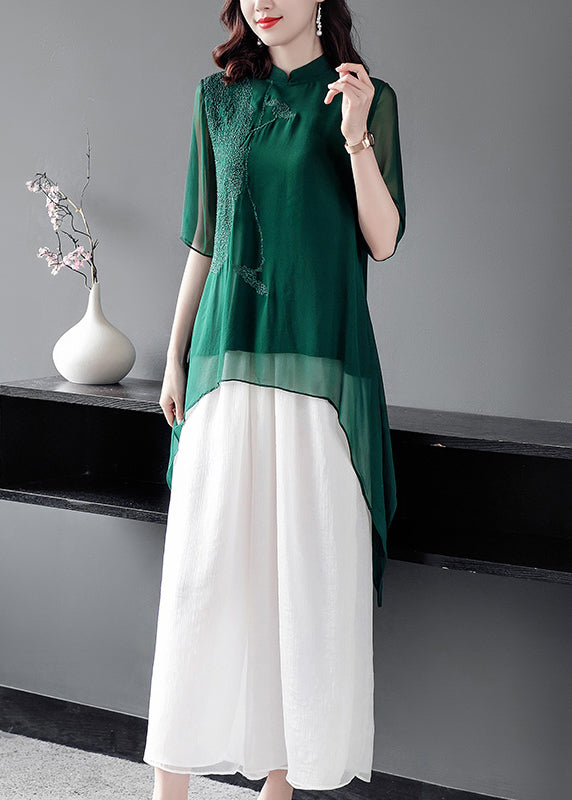 Blackish Green Stand Collar Silk Top and Crop Pantstwo Pieces Set Fall