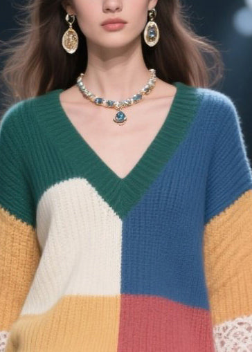 Multicolor V Neck Patchwork Lace Knit Pullover Fall