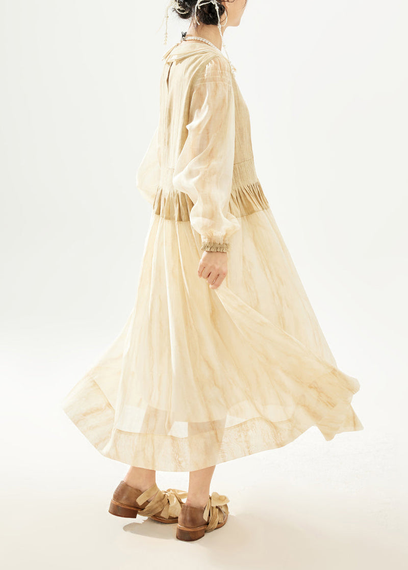 Khaki Double Layer Wrinkled Patchwork Cotton Long Dress Long Sleeve