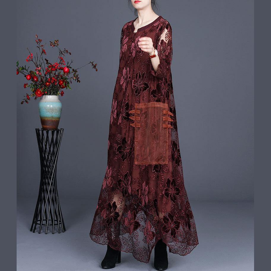 Loose Chocolate Long Lace Dress O Neck Maxi Dress