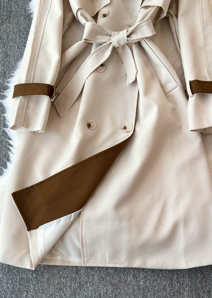 Beige Notched Pockets Button Tie Waist Long Trench Coats Spring