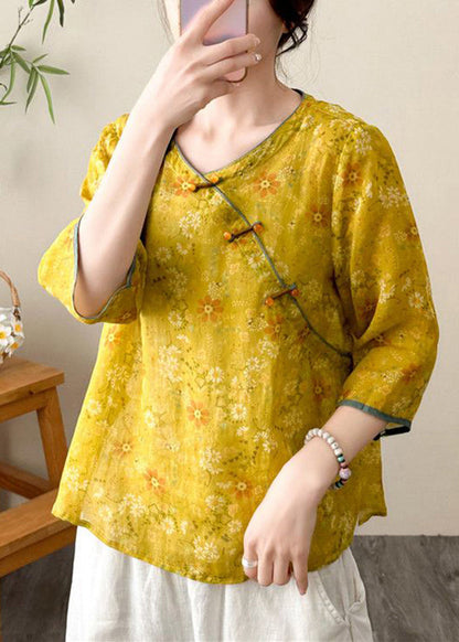 Yellow Print Chinese Button Linen Tops Fall