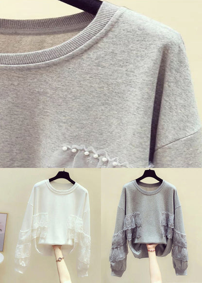 White Lace Patchwork Sweatshirts O Neck Spring