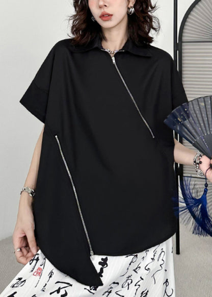 Black Zippered Asymmetrical Patchwork Cotton Blouses Short Sleeve