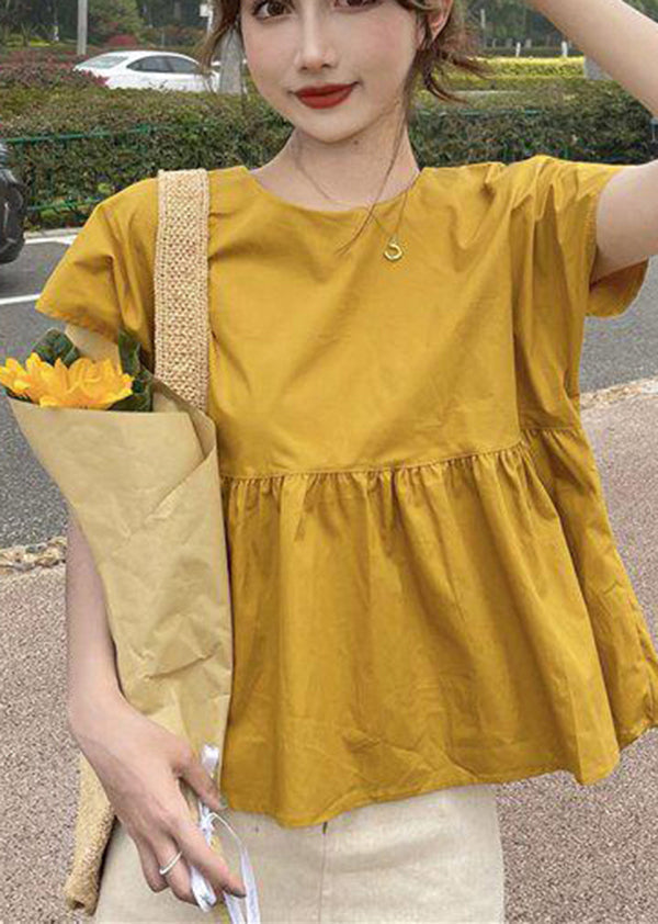 Yellow O-neck Patchwork Bow Cotton Shirt Top Short Sleeve