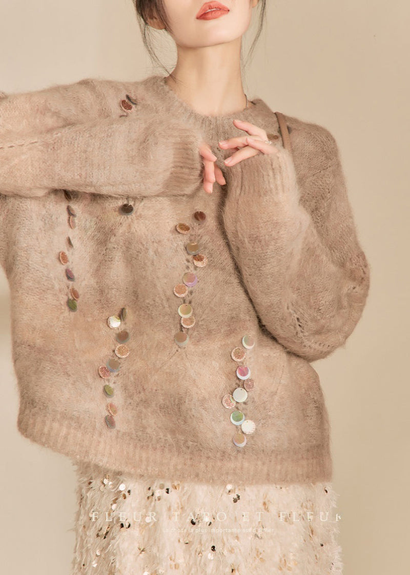 Camel O-neck Sequins Thick Cotton Knit Sweater Winter