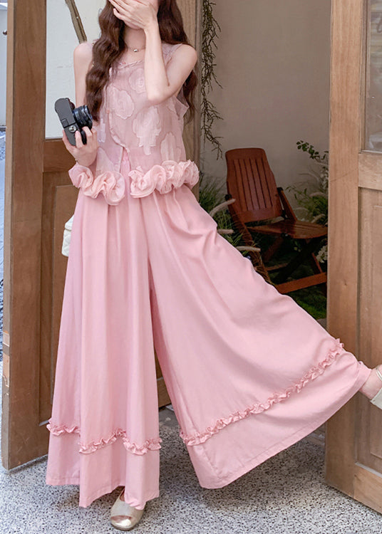 Art Pink Ruffled Tank and Wide Leg Pants Cotton Two Pieces Set Sleeveless