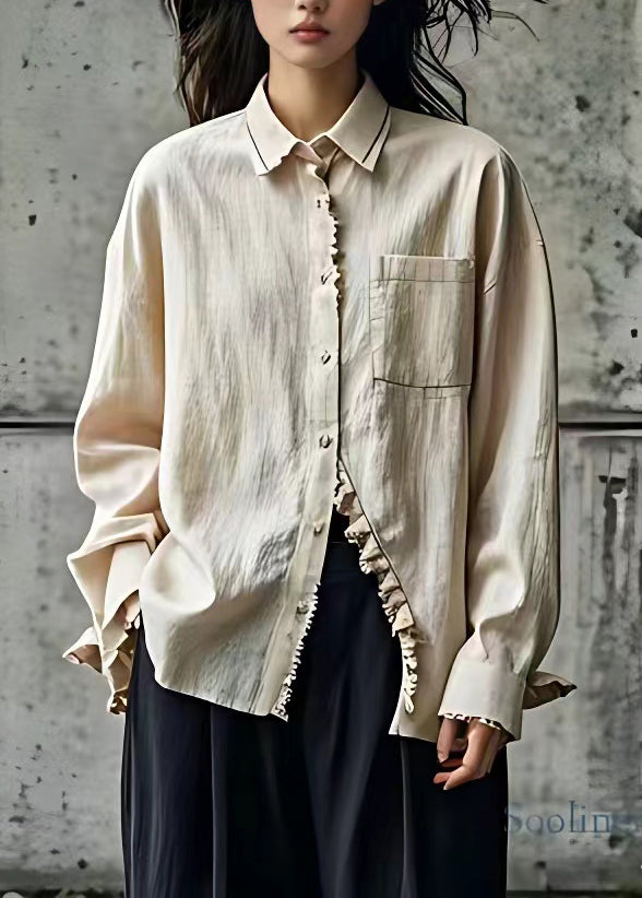 Beige Peter Pan Collar Button Shirt Long Sleeve