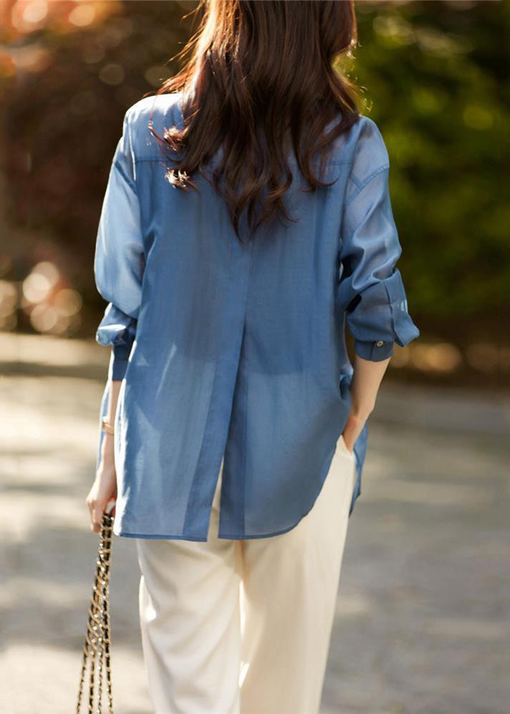 Blue Peter Pan Collar Button Patchwork Cotton Shirt Fall