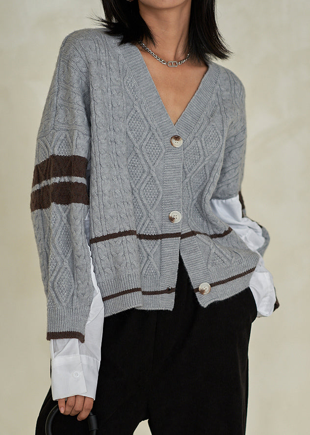Grey V Neck Button Patchwork Cotton Knit Top Fall