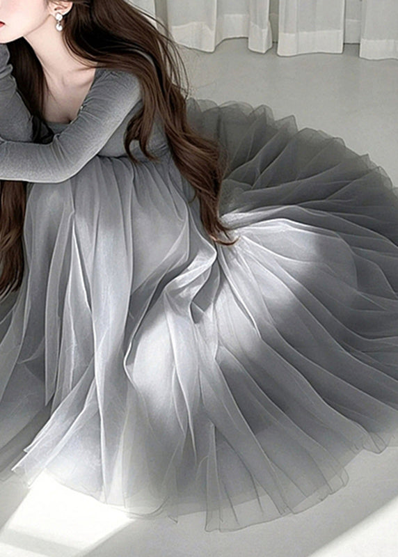 Grey O-neck Tulle Maxi Dress Spring