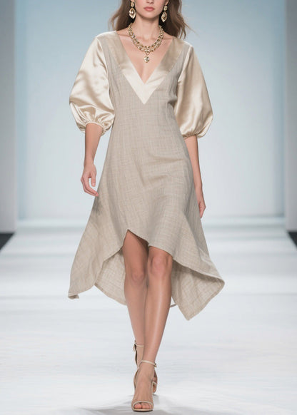 Colorblock Puff Sleeve Patchwork Linen Silk Dresses