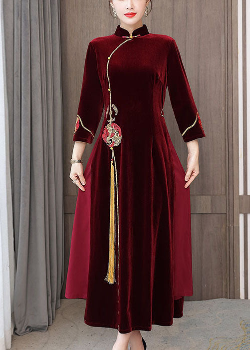 Mulberry Embroideried Side Open Velour Dresses Vestidos Bracelet Sleeve